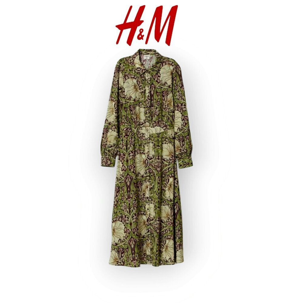 H&M Morris Co Pimpernel Floral Midi Dress Green Viscose Button Front 4 Size 4 EU